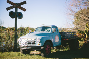 Vintage, Truck at Railroad Crossing Sign
