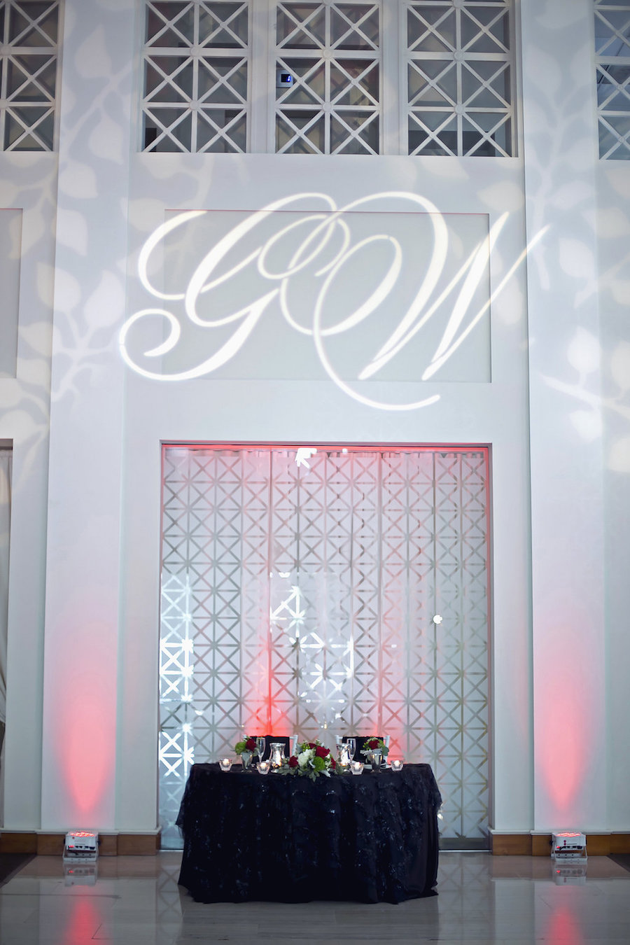 Tampa Wedding Reception Sweetheart Table with Wedding Monogram Projection | Downtown Tampa Wedding Venue The Vault | Tampa Wedding Photographer FotoBohemia