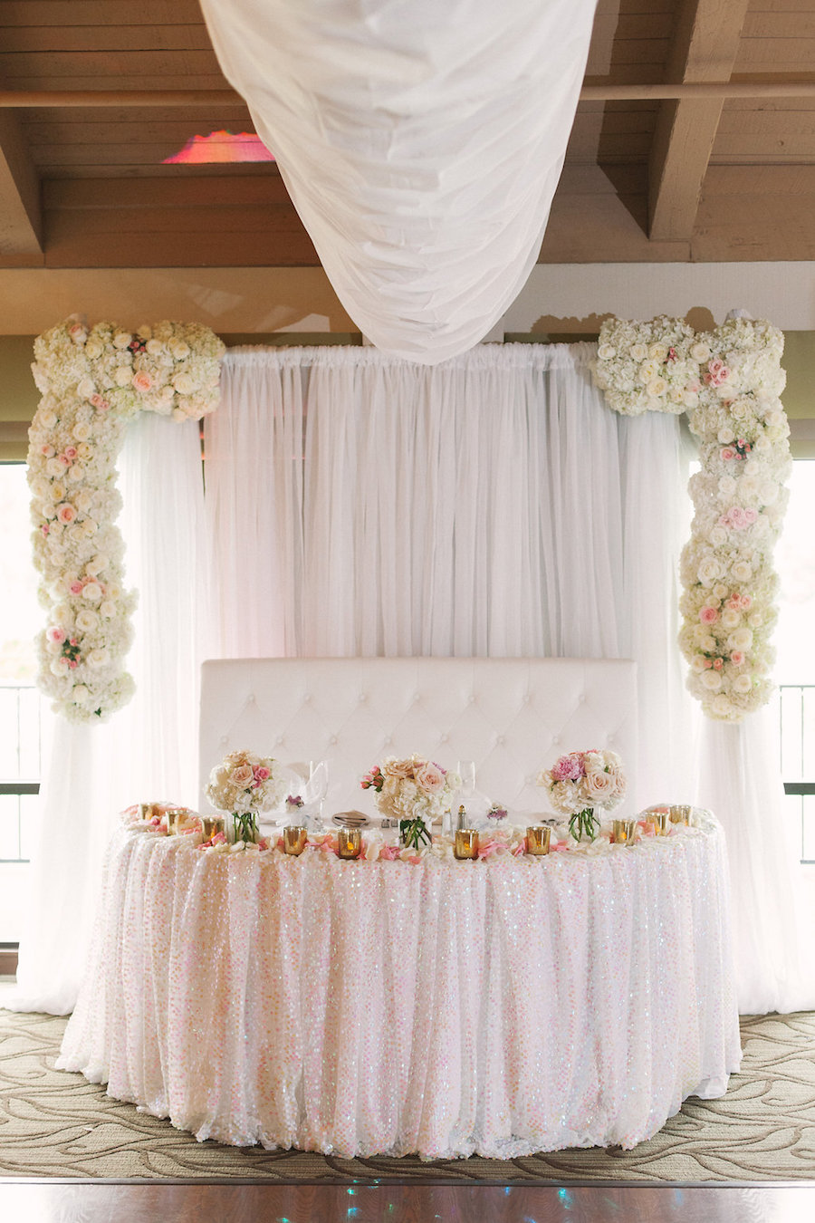 Blush Pink and Ivory White Wedding Reception with Draping and Floral Decor at Clearwater Venue Countryside Country Club