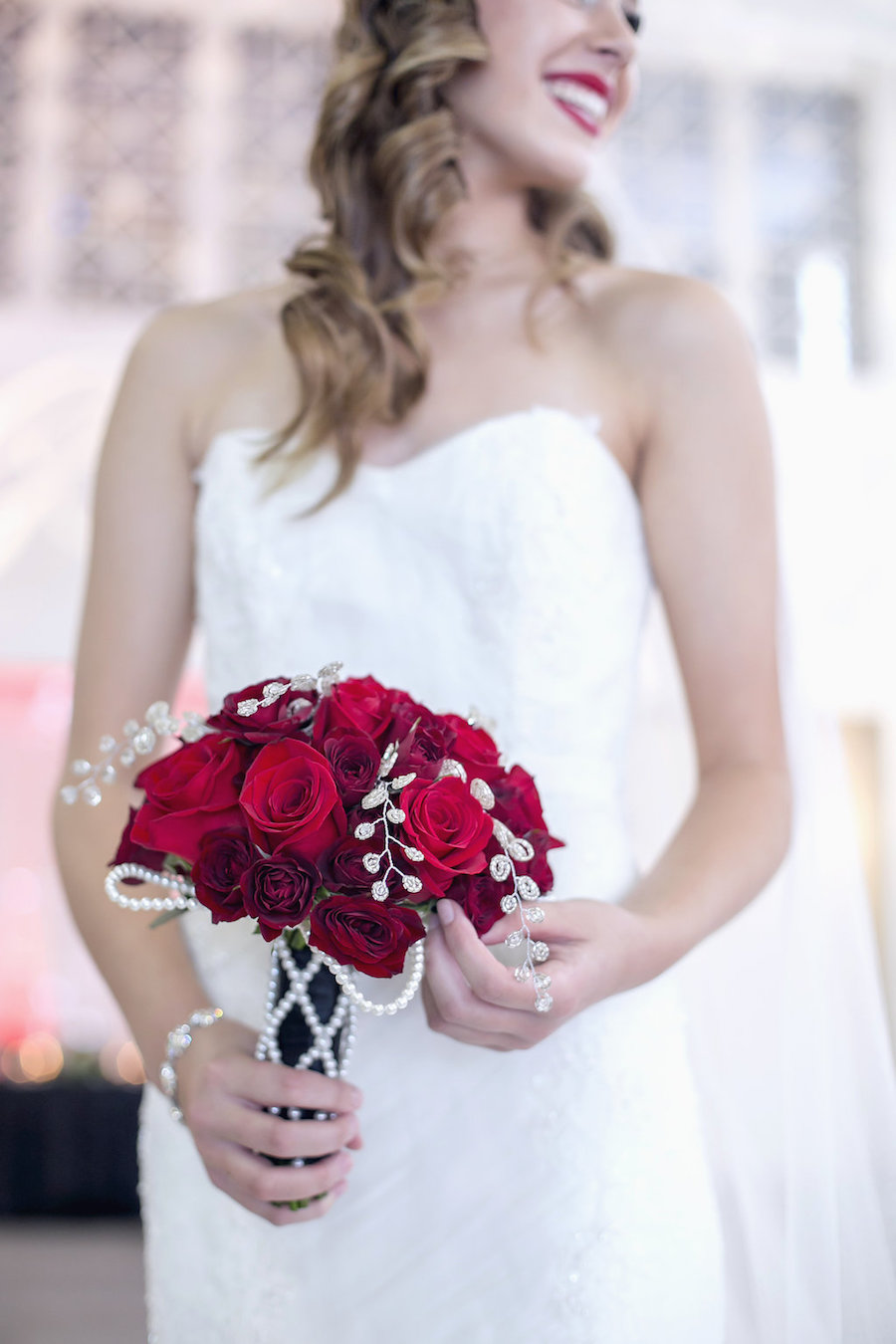 Bridal Portrait in White, Strapless Wedding Gown and Deep Red Rose Wedding Bouquet | Tampa Wedding Florist Apple Blossoms Floral Design | Tampa Wedding Photographer FotoBohemia
