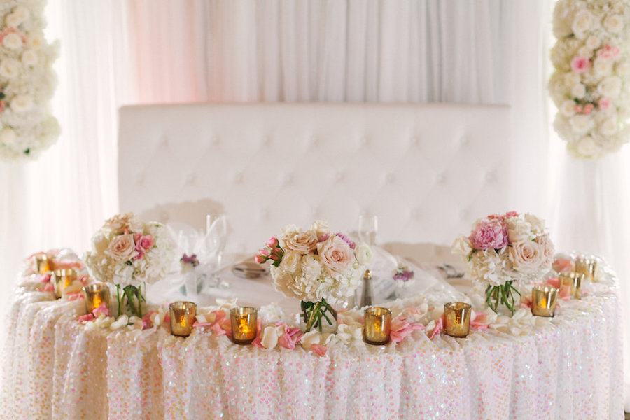 Blush Pink and Ivory White Wedding Reception with Draping and Floral Decor at Clearwater Venue Countryside Country Club