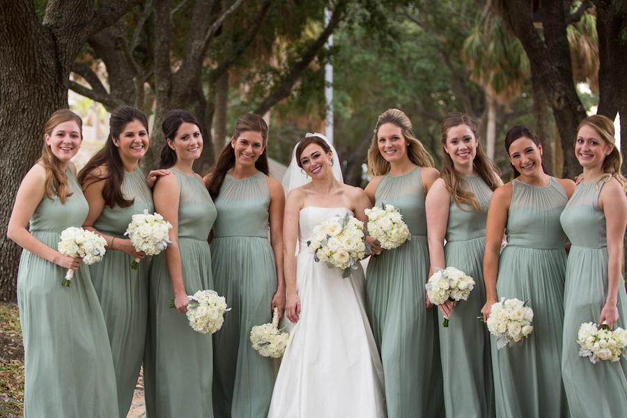 Outdoor, Bridal Pary Portrait with in Green, Deep Sea Mist Bridesmaids Dresses