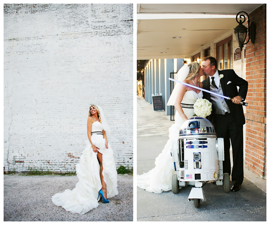 Bridal Portrait in Blue Shoes | Bride and Groom Star Wars Inspired Wedding Portrait with Light Saber and R2D2 | Tampa Wedding Photographer Limelight Photography