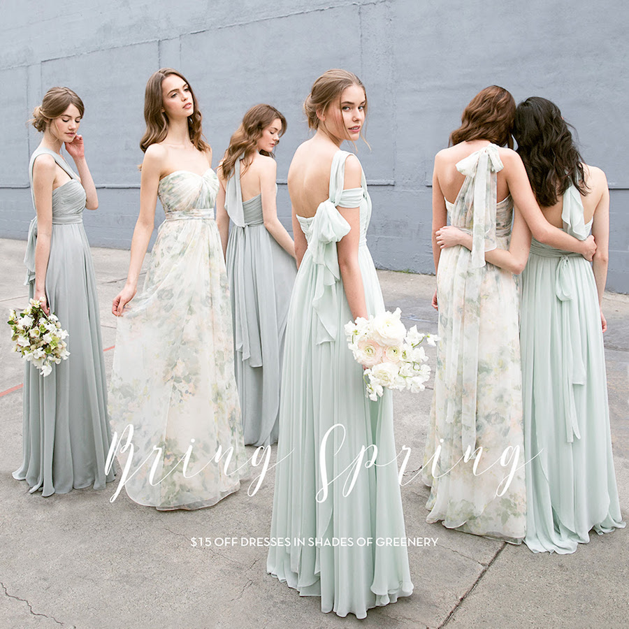 Jenny Yoo Bridesmaids Dresses in Shades of Greenery at Tampa Bay Bridal Store, Isabel O'Neil Bridal Collection