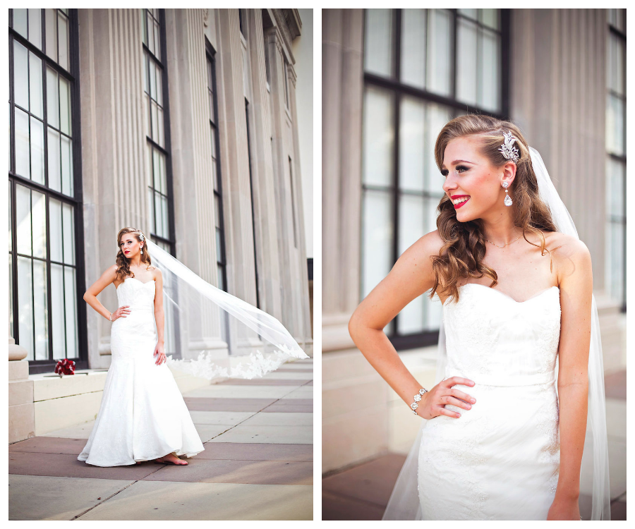 Downtown Tampa Outdoor Bridal Portrait in Strapless, White Wedding Gown and Lace Veil | Tampa Wedding Photographer FotoBohemia