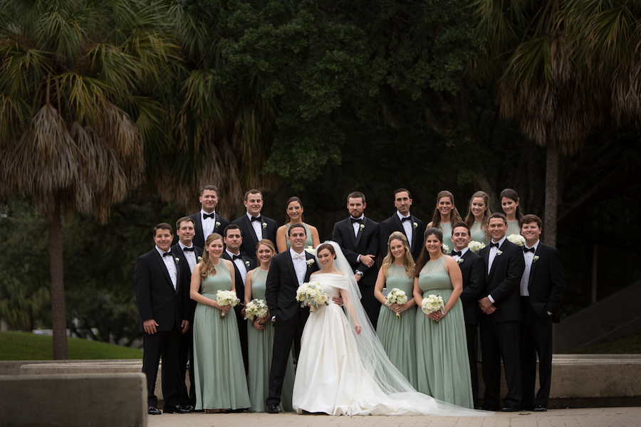 Outdoor, Bridal Pary Portrait with in Green, Deep Sea Mist Bridesmaids Dresses and Groomsmen in Tuxedos