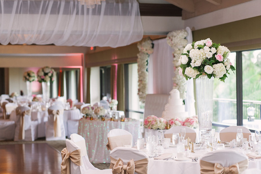 Blush Pink and Ivory White Wedding Reception with Draping and Tall Centerpieces at Clearwater Venue Countryside Country Club