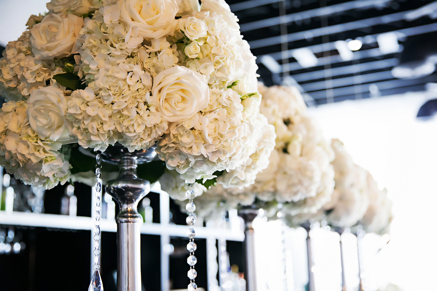 White, Rose and Hydrangea Floral Wedding Reception Table Centerpieces with Rhinestone Crystal Bling | Tampa Wedding Florist Events in Bloom