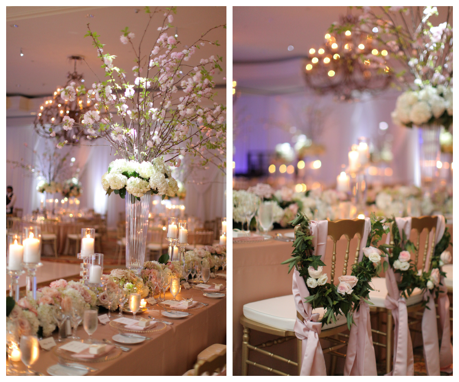 Wedding Reception Decor with Tall, White and Blush Pink Floral Centerpieces with Cherry Blossom Branches and Gold Chairs Draped in Garland and Sashes | Sarasota Wedding Venue Ritz Carlton