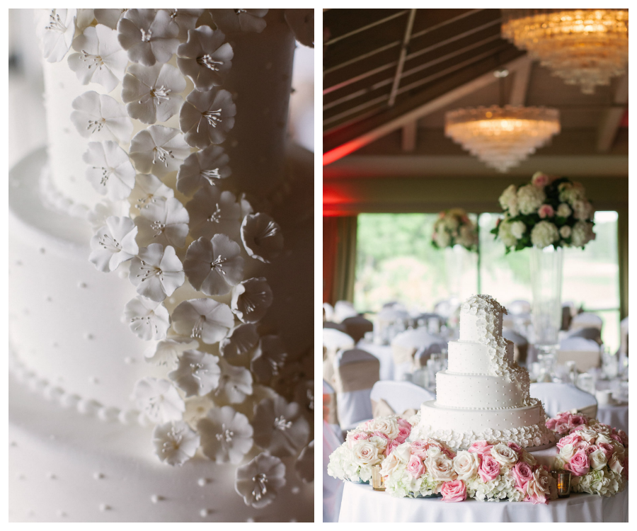Detailed White Four-Tier Round Wedding Cake with Cascading Flowers| Clearwater Wedding Venue Countryside Country Club