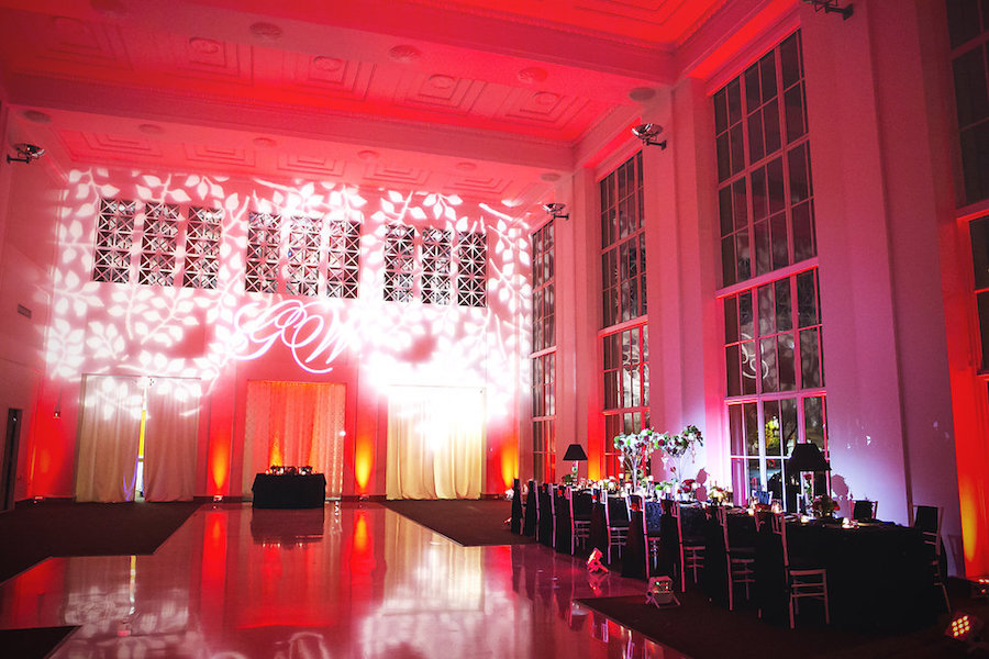 Modern Black and White Wedding with Red Uplighting at Downtown Tampa Wedding Venue The Vault | Tampa Wedding Photographer FotoBohemia