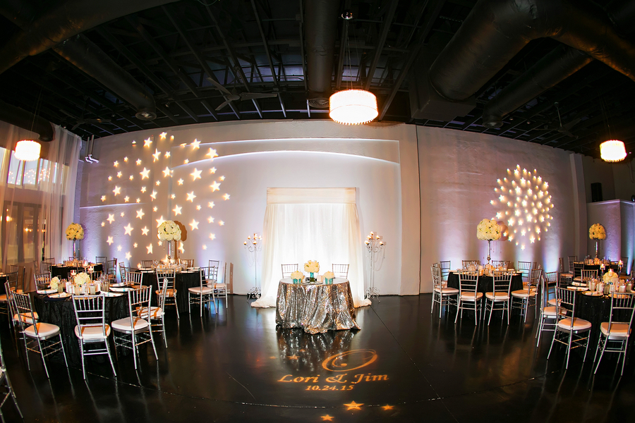 Black, White and Silver Wedding Reception Decor with Star Uplighting GOBO | | Tampa Ybor City Wedding Venue 1930 Grande Room