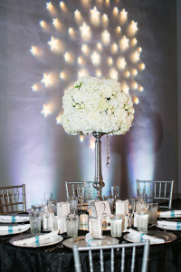 White, Rose and Hydrangea Floral Wedding Reception Table Centerpieces with Rhinestone Crystal Bling, Silver Chiavari Chairs and Star Uplighting GOBO | Tampa Wedding Florist Events in Bloom