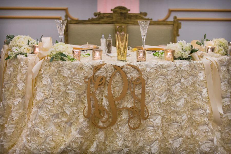 Wedding Sweetheart Table with Ivory, Floral Linens by Kate Ryan Linens and Gold Monogrammed Initials