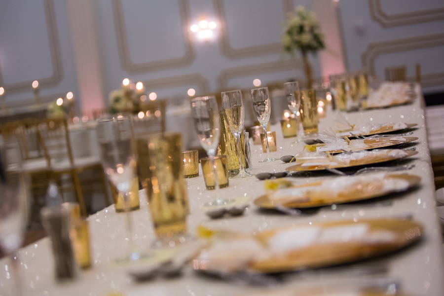 Gold and White Wedding Reception Tableware and Charger Decor | Downtown Tampa Wedding Venue Floridan Palace Hotel
