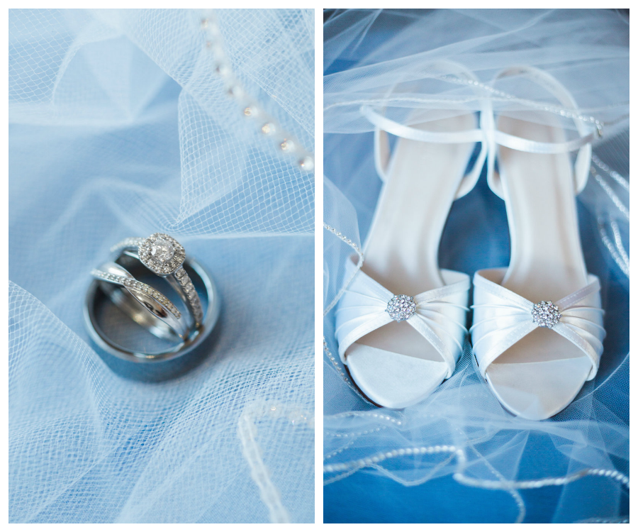 White, Bridal Wedding Shoes with Straps | White Wedding Veil with Wedding Bands and Engagement Ring