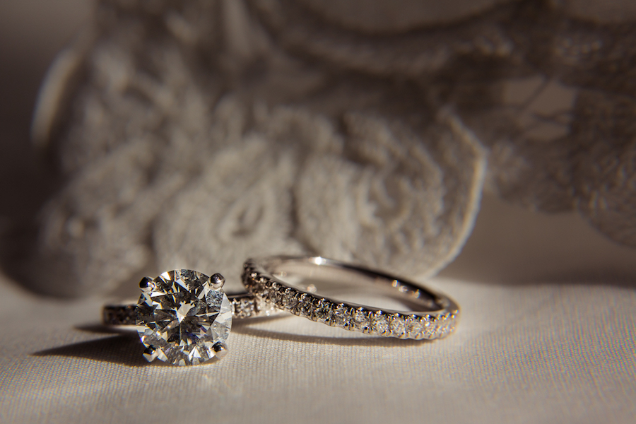 Bride's Round Diamond Engagement Ring and Wedding Band Detail