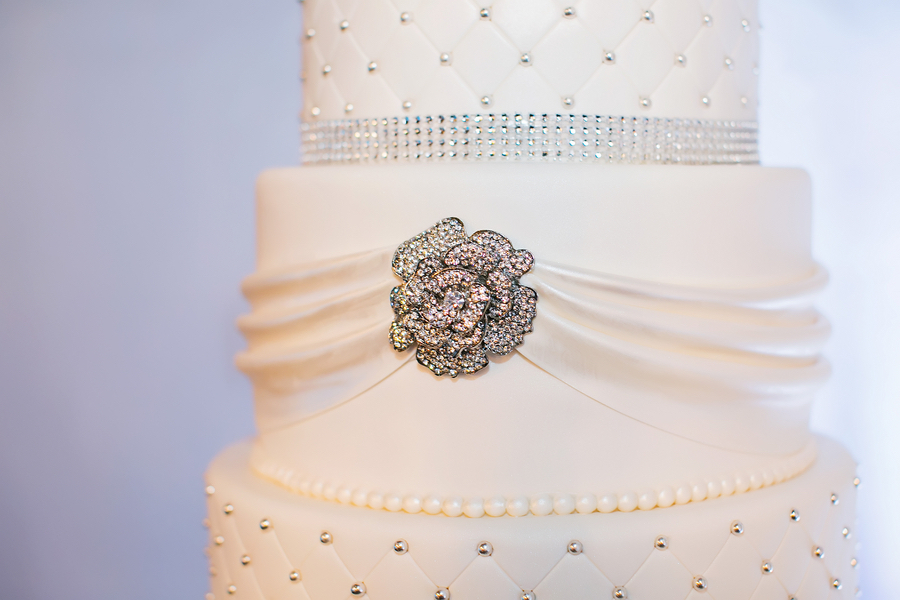 White, Tiered Wedding Cake with Crystal Accent