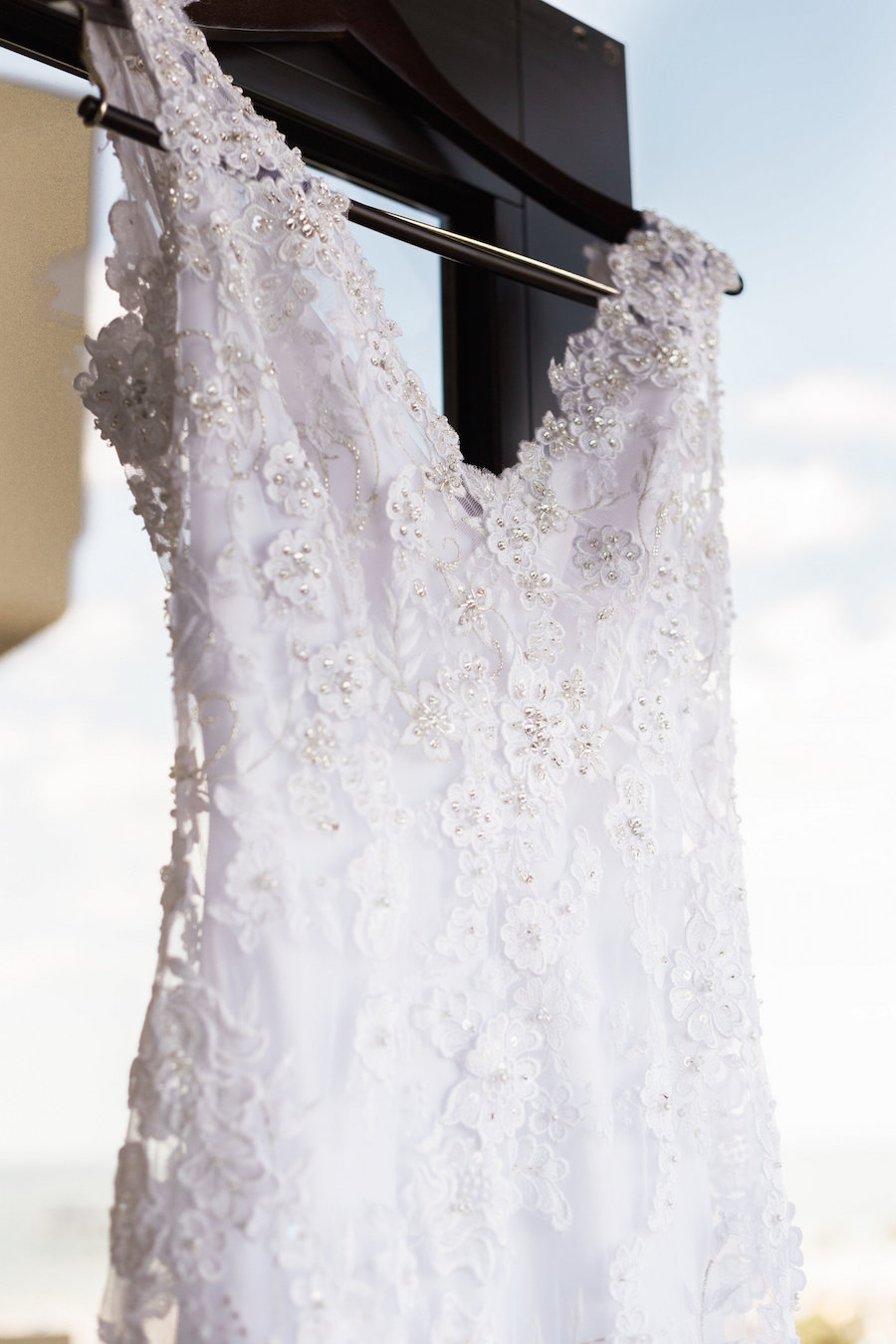 Beaded, White Bech Lace Wedding Gown with Straps