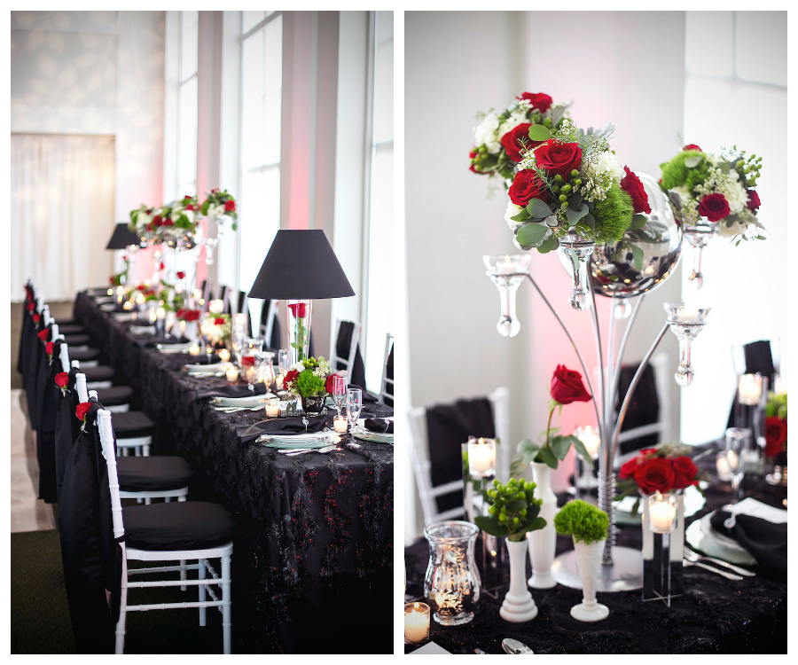 Modern Black Linen, White Chiavari Chairs, and Red, Ivory and Green Centerpieces | Tampa Wedding Florist Apple Blossoms Floral Design