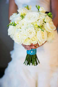 White, Floral Rose Wedding Bouquet with Blue Sequined Bling Wrap | Tampa Wedding Florist Events in Bloom