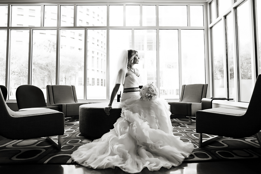 Bridal Wedding Portrait in Black and White, White Strapless Ruffled Maggie Sottero Wedding Gown | Tampa Wedding Photographer Limelight Photography