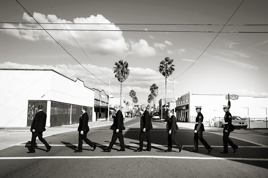 Groom and Groomsmen Wedding Party Beatles Style Crossing Street in Ybor City | Tampa Wedding Photographer Limelight Photography