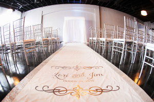 White and Silver Bling Wedding Ceremony with Monogrammed Intial Aisle Runner | Tampa Ybor City Wedding Venue 1930 Grande Room
