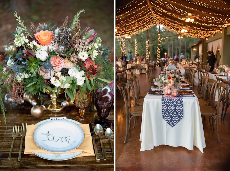 Tampa Bay Elegant Outdoor Wedding Reception Details with Floral and Gold Accents Outdoor Lighting and Navy Table Runners with Floral China and Plate Chargers| St. Petersburg Wedding Photographer Caroline and Evan Photography