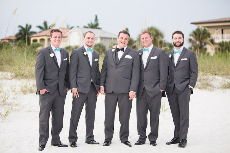 Tampa Bay Groom and Groomsmen Beach Wedding Picture in Grey Tuxedo with Bow-Tie| Tampa Bay Wedding Photographer Jillian Joseph Photography