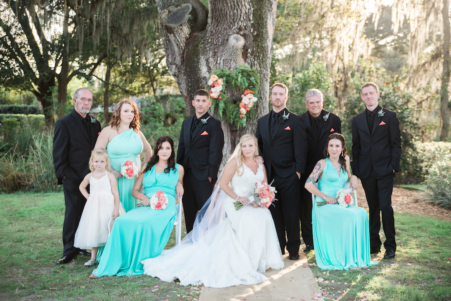 Tampa Bay Outdoor Wedding Bridal Party Formal Portrait with Teal Green Bridesmaid Dresses and Black Mens Formal Attire |Tampa Bay Wedding Photographer Jillian Joseph Photography