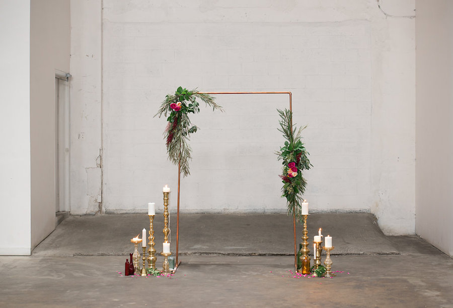 Tampa Bay Wedding Altar Ceremony Decor with Lush Greenery and Vibrant Pink Flowers by Tampa Bay Wedding Florist Carrollwood Florist | Styled by Tampa Bay Wedding Designer Ever After Vintage Weddings| Tampa Bay Wedding Photographer Artful Adventures Photography