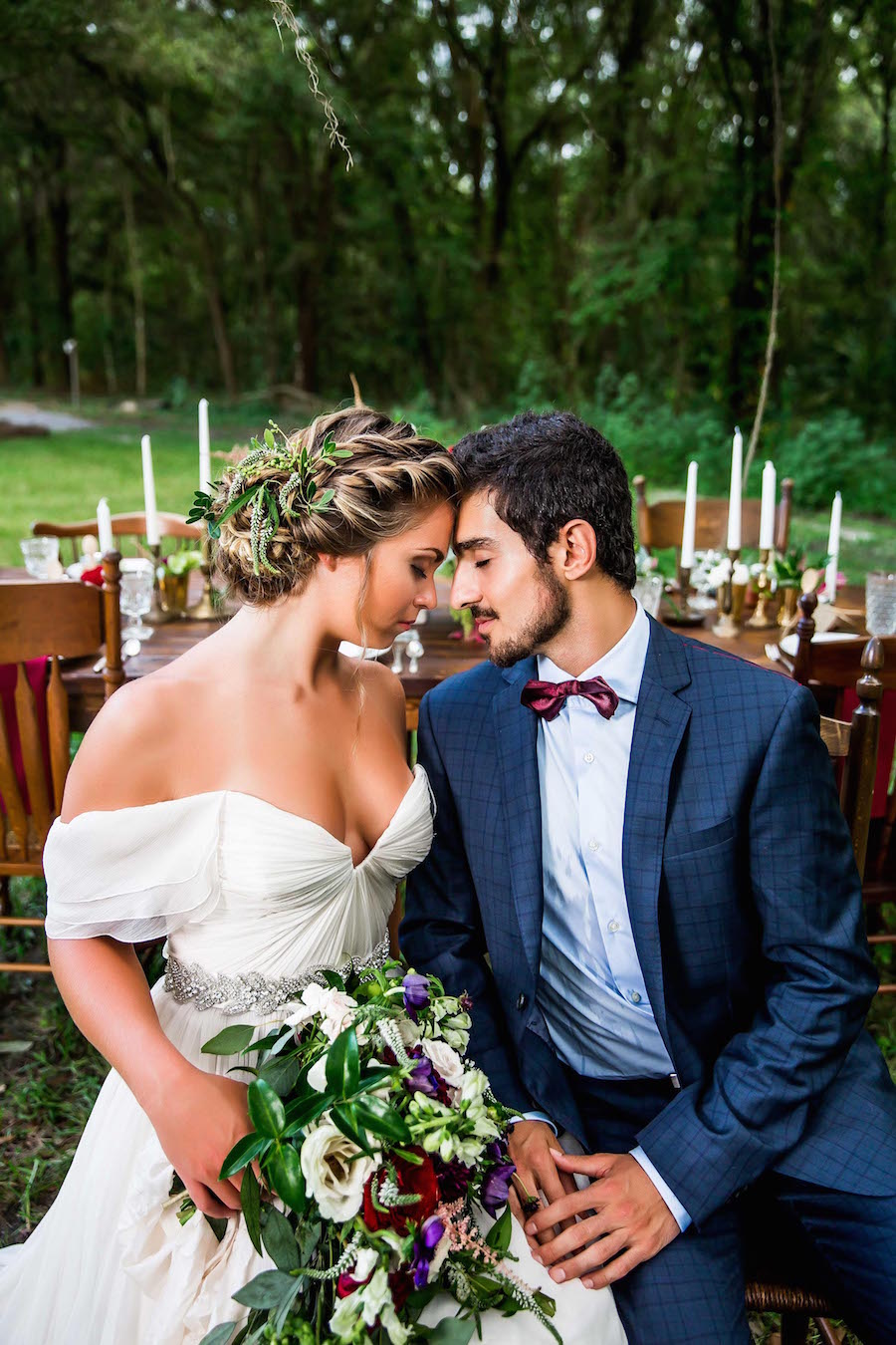 Bride wearing Amsale wedding dress from Blush Bridal Sarasota and Groom Portrait | Southern Inspired Outdoor Wedding Reception Decor Styled Shoot