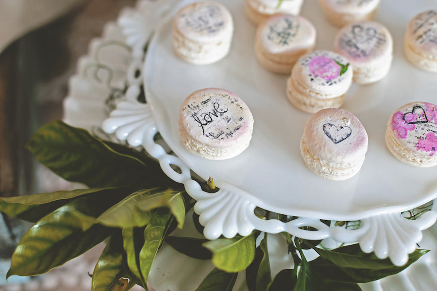 Blush, Macaroons with Love, Heart Detailing and Writing | Wedding Desserts | Bohemian/Boho Styled Wedding Shoot