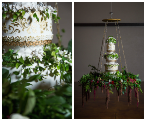 White and Gold Round Wedding Cake with Greenery | Hanging Suspended from Ceiling