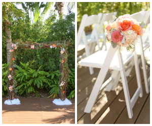 St. Pete Beach Wedding Ceremony Decor | Wooden, Twig Altar with Pink and Coral Flowers with Succulents