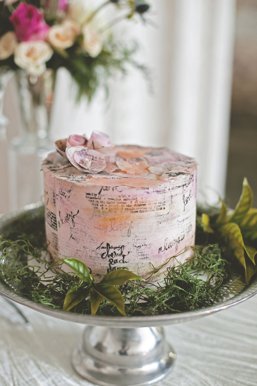 Small, Blush Wedding Cake with Writing and Small Floral Details | Bohemian/Boho Styled Wedding Shoot