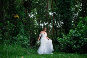 Bride wearing Amsale wedding dress from Blush Bridal Sarasota Portrait in Woods | Southern Inspired Outdoor Wedding Reception Decor Styled Shoot