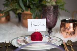 Yarn Ball Place card Holders with Vintage Dishes from Tampa Bay Wedding Rental Company Ever After Vintage Weddings | Cat Themed Tampa Bay Styled Wedding Shoot by Tampa Bay Wedding Designer Ever After Vintage Weddings | Tampa Bay Wedding Photographer Artful Adventures Photography