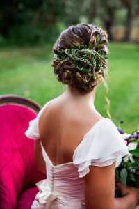 Wedding Hair Braided Updo with Greenery | Amsale wedding dress from Blush Bridal Sarasota