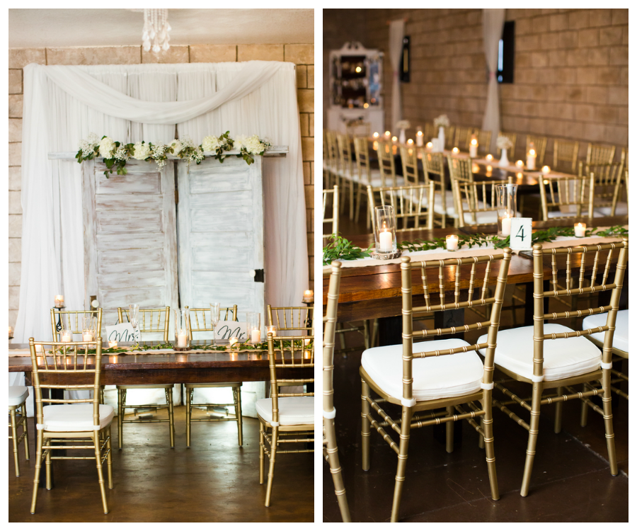 Brown Wooden Farm Tables with Ivory Florals and Gold Chiavari Chairs at Rustic, Barn Tampa Bay/Dade City Wedding Reception Venue Barrington Hill