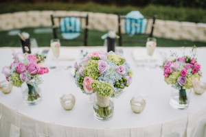 Pastel Pink and Blue Wedding Floral Bouquet at Sweetheart Table