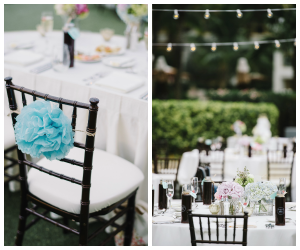 Black Chivari Chais with Pastel Wedding Centerpieces | Outdoor Cafe Lighting Detail by Nature Coast Entertainment at Clearwater Beach Wedding Venue Sandpearl Resort