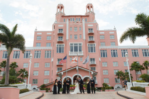 Destination Beach Bride and Groom and Bridal Party Wedding Portrait | Outdoor St Pete Beach Wedding at Loews Don CeSar