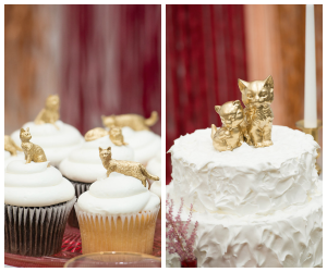 Wedding Cake and Cupcakes with Gold Kitten and Cat Cake Topper from Tampa Bay Bakery Cakes Tampa |Tampa Bay Wedding Photographer Artful Adventures Photography