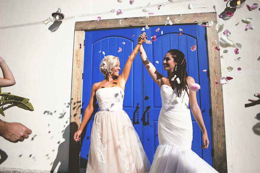 Same Sex Couple Gay Wedding Brides Celebrating After Getting Married Wedding Portrait | Downtown Tampa Wedding Photographer FotoBohemia