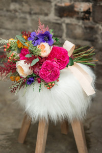 Boho Chic Garden Inspired Bouquet with Vibrant Pink and Purple Flowers with Greenery and Fur Decor Accents by Tampa Bay Florist Carrollwood Florist | Tampa Bay Wedding Photographer Artful Adventures Photography