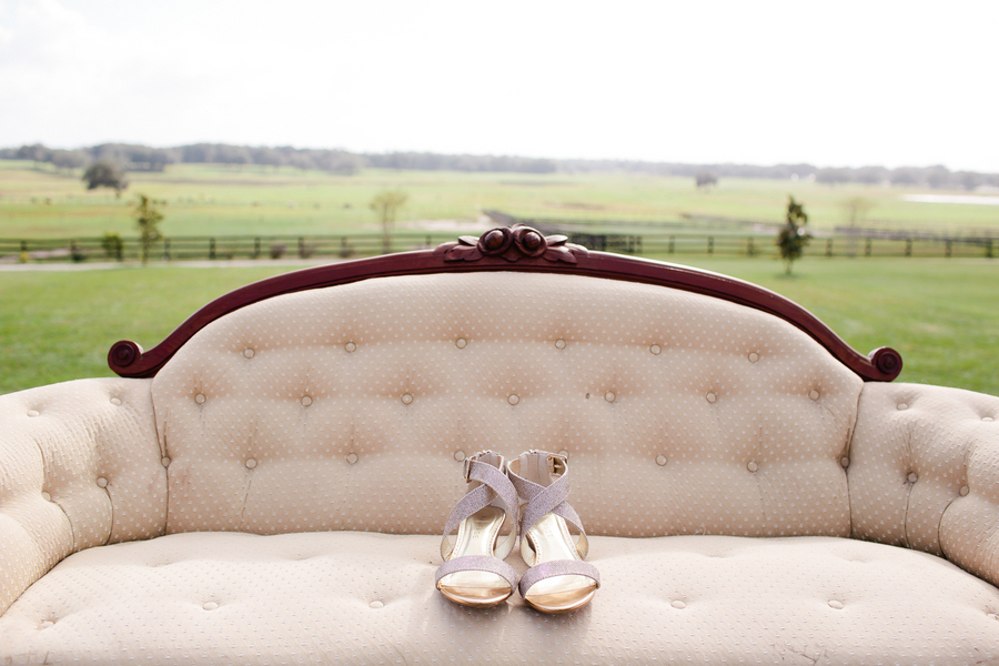 Bridal, Strap Open-Toed Wedding Shoes on Vintage Couch | Rustic Tampa Bay Wedding