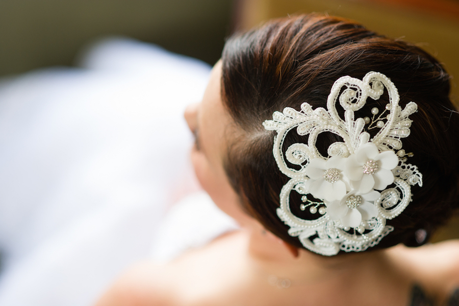 Bridal Portrait with White, Hair Accessory Clip with Flowers and Beads