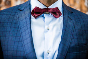 Groom's Deep Burgundy Red Bow Tie and Blue Suit | Southern Wedding Inspiration